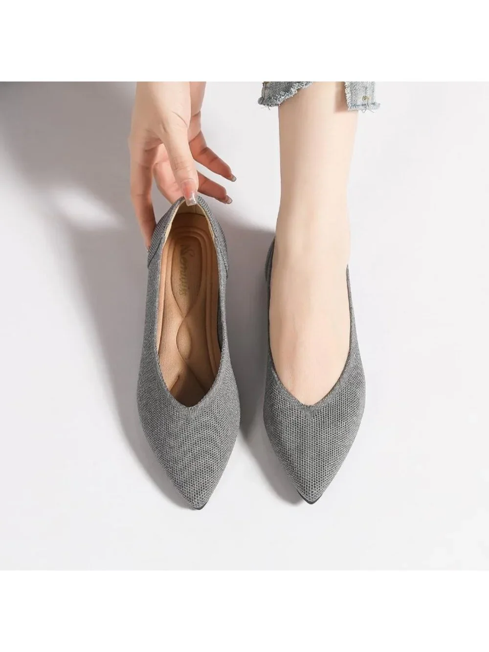 Women's Grey Ballet Flats Pointed Toe Comfortable Knit Slip Casual Shoes